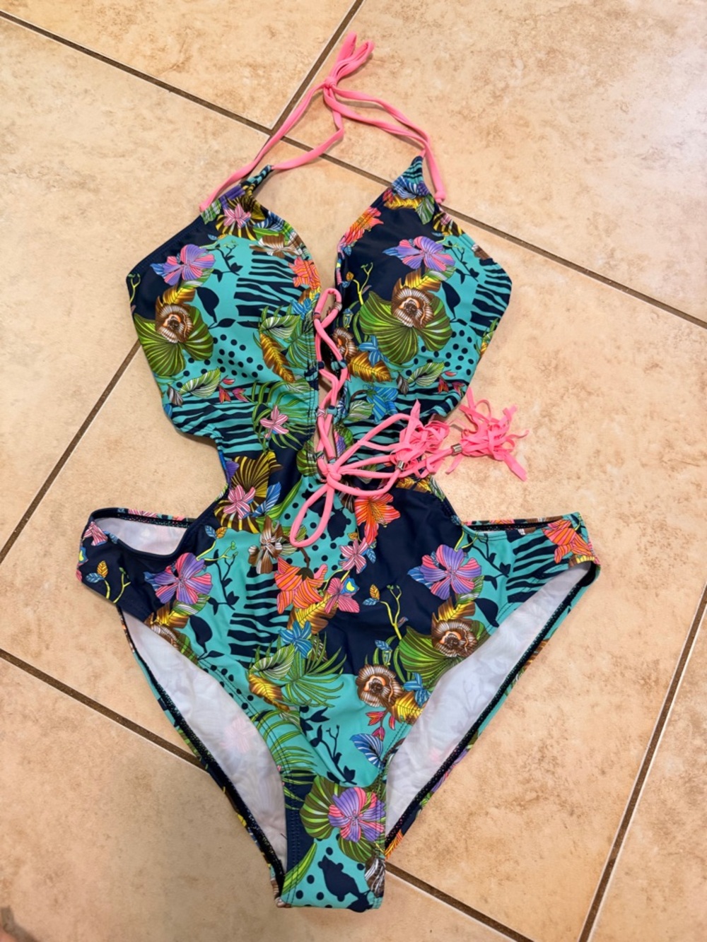 SHEIN Tropical Floral Cutout One-Piece Swimsuit in Teal and Pink